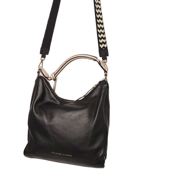 Etienne Aigner Ava Leather Hobo In Black +Anthropologie Chevron Beaded Bag Strap - Picture 8 of 12